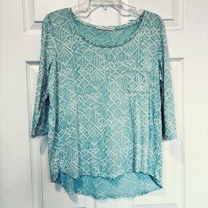 Peruvian Connection Summer Top Womens Small Green Cream 3/4 Sleeves Aztec Tribal